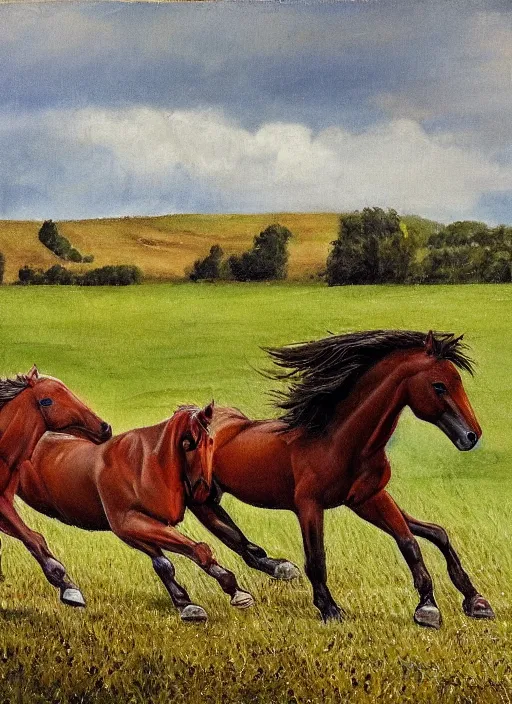 Prompt: three horses running in a field, by ansin martin