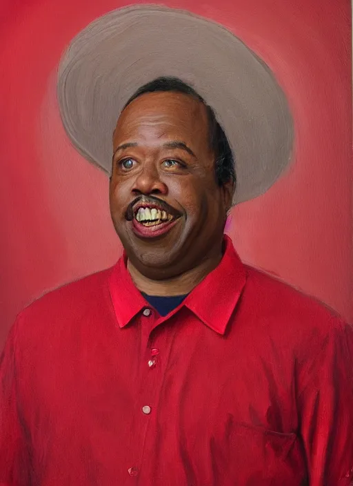 Prompt: ( ( ( portrait of leslie david baker as stanley hudson of the office television series ) ) ) a painting by igor kazarin, head to waist, light coming from the right side, red background,