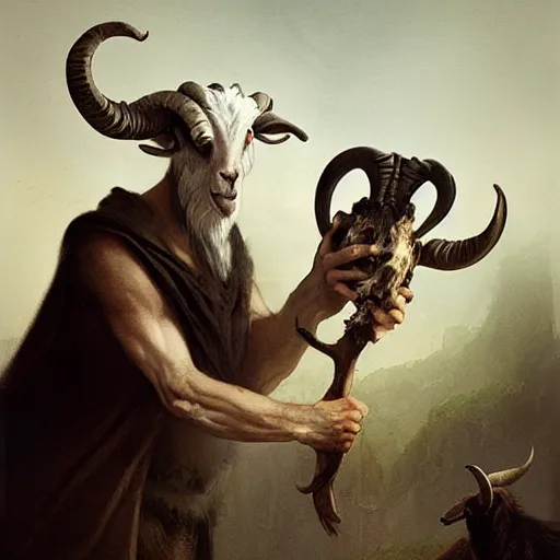 Image similar to man with goat horns holding an animal skull, style of da vinci, fantasy illustration, by greg rutkowski