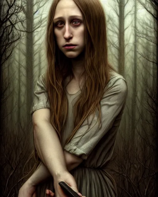 Prompt: gorgeous Taissa Farmiga full body slasher holding knife, realistic character concept, spooky, illustration, symmetrical face and body, realistic eyes, cinematic lighting, hyperdetailed, detailed realistic symmetrical eyes, 8k, high resolution, Charlie Bowater, Tom Bagshaw, single face, insanely detailed and intricate, beautiful, elegant, dark forest and trees, vfx, postprocessing