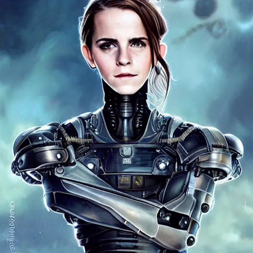 Prompt: portrait of Emma Watson as a Borg Drone, looking at camera, D&D, intricate, elegant, stylish, cute smile, mouth slightly open, fantasy, extremely detailed, digital painting, artstation, concept art, smooth, sharp focus, illustration, stunning lighting, art by artgerm and greg rutkowski and alphonse mucha and simon stalenhag, realistic character concept, high fantasy, light atmosphere, golden ratio, cinematic lighting, hyperdetailed, high resolution, insanely detailed and intricate, artstation, Marc Simonetti, Greg Rutkowski