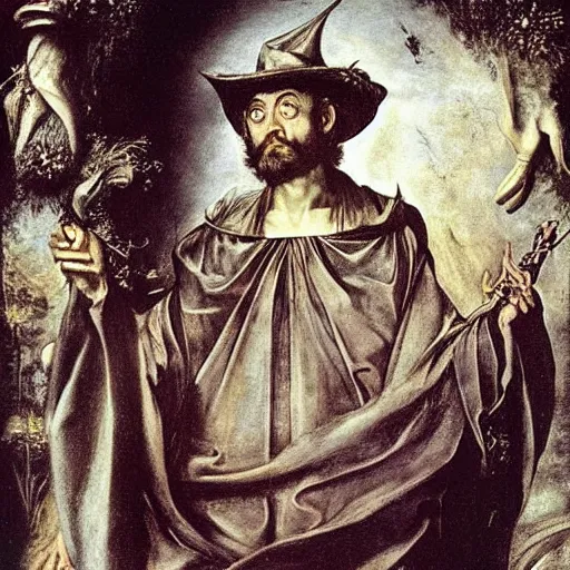 Image similar to george clooney as a lich necromancer, made by caravaggio, peter paul rubens, diego velazquez, rossdraws, jan van eyck, max ernst, ernst haeckel, ernst fuchs