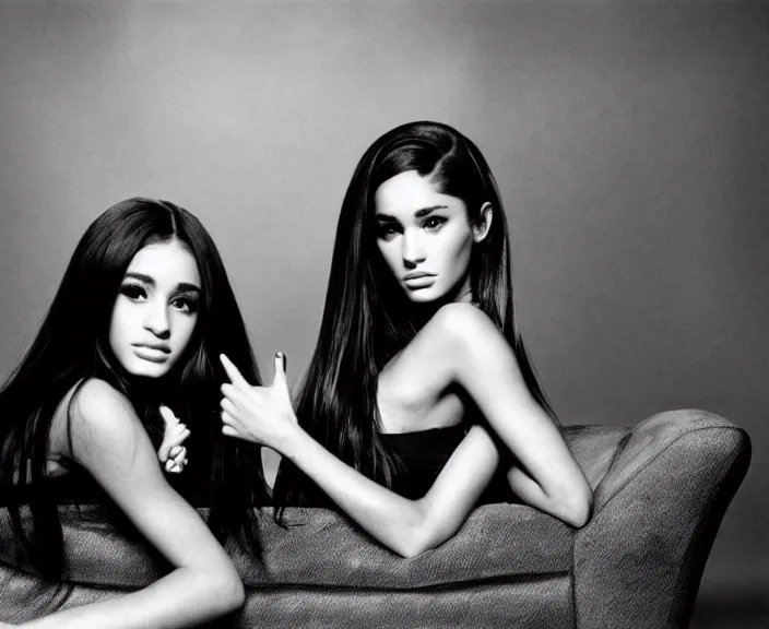 Image similar to award winning photo of Ariana Grande, Megan Fox sitting on a chesterfield lounge, symmetrical face, wide shot by Sally Mann & Arnold Newman,