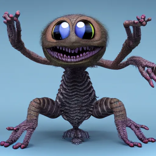 Image similar to cute furry alien creature with many eyes, many arms, many legs with radial symmetry detailed character concept 3 d pixar style render 4 k