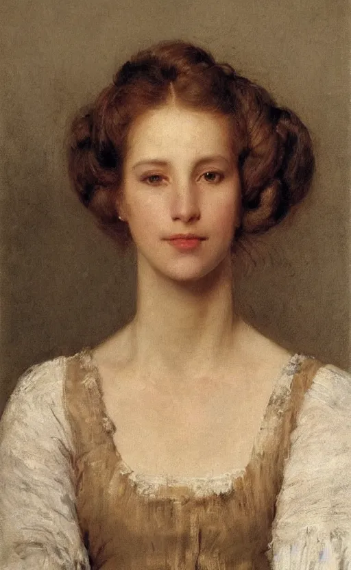 Prompt: portrait by eugen von blaas!!! of a woman!! with brown!! hair!! bun hair! slight smile! dreamy, lovely, bubbly