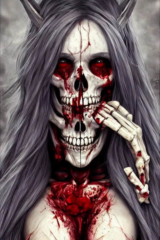 Image similar to skeleton black bones!!, covered with blood, jessica nigri face!!, highly detailed face, long red hair, beautiful blue eyes, ultra realistic, concept art, intricate details, photorealistic, octane render, 8 k, unreal engine. retro film still, heavy grain, 3 5 mm, art by artgerm and greg rutkowski and alphonse mucha