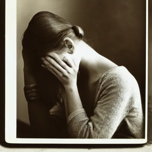 Prompt: young lady sits at the desk with her arms around her head and cries, color photo by Imogen Cunningham and Eliot Porter