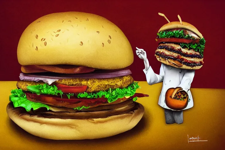 Image similar to death looking at a burger, surrealistic art, highly detailed, 4 k