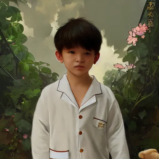 Image similar to young boy wearing white fabric pajama with cartoon paintings on it. standing and looking on a small furry smiling monkey. highly detailed, digital painting, artstation, concept art, smooth and sharp focus, cg by tian zi and wlop and alphonse mucha