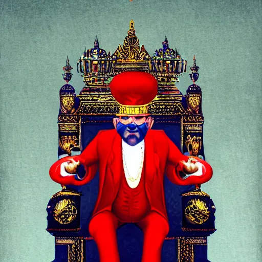 Image similar to the king of india sitting on a throne wearing a black suit and a red fez, detailed face with red lips, blue eyes and large forehead, moody atmosphere, digital art, highly detailed, high contrast, beautiful lighting, award winning, trending on art station, photorealistic, 8 k,