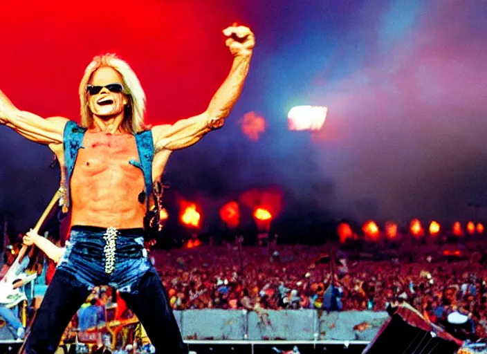 Image similar to photo still of david lee roth at the woodstock 9 9!!!!!!!! at age 3 6 years old 3 6 years of age!!!!!!!! on stage in spandex, 8 k, 8 5 mm f 1. 8, studio lighting, rim light, right side key light