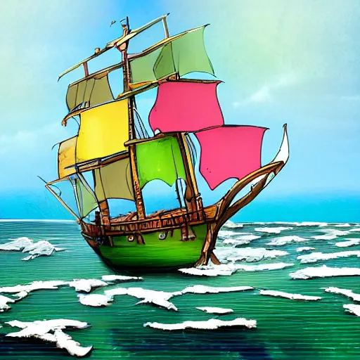 Prompt: brigantine pirate ship that has a green fruit tree in the middle of it, surrounded by water, bold complementary colours, 2 d matte, comic book art,