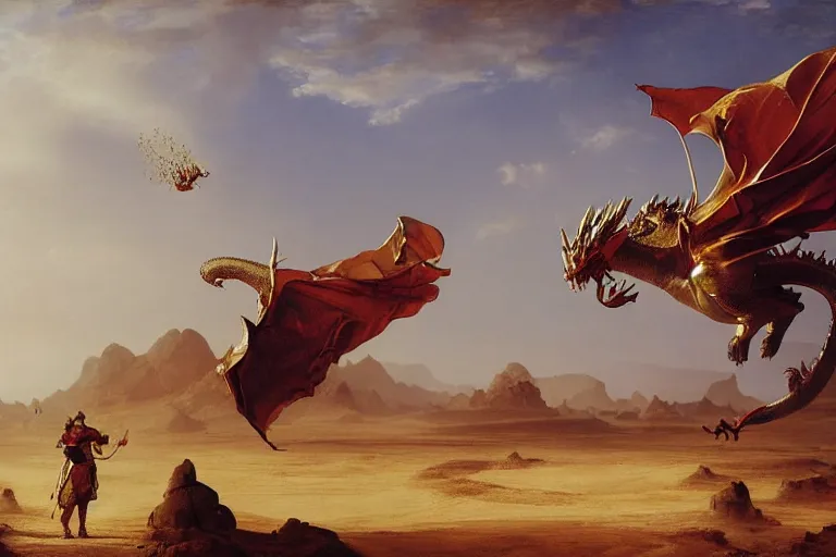 Image similar to shivan dragon from magic the gathering, flying low over an epic desert landscape at dawn by Ludwig Deutsch and Rudolf Ernst, strong dramatic cinematic lighting, lost civilizations, smooth, sharp focus, extremely detailed