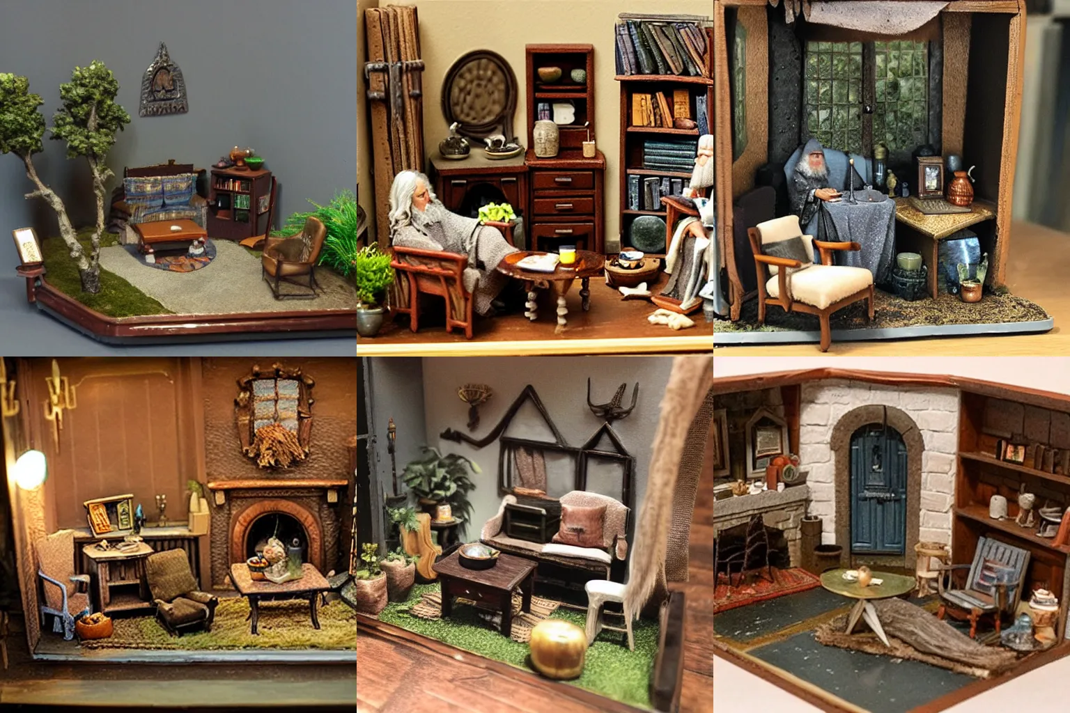 Prompt: miniature diorama of gandalf's living room