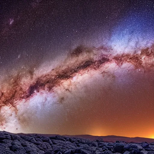 Image similar to Milky Way as seen in the night sky from spiky rock surface of an alien planet located in a different part of the galaxy, NASA true color 8k image, high detail