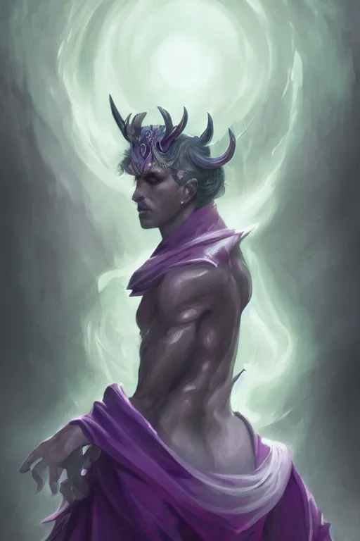 Image similar to djinn man male demon warlock, portrait, concept art, purple cloak, single face, illustration, white spiral horns, cinematic color grading, editorial photo, fashion, hyperrealism, realism, trending on artstation, Charlie Bowater, WLOP