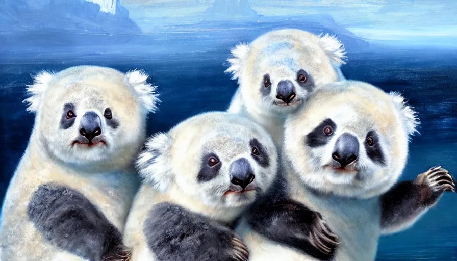 Image similar to highly detailed painting of cute furry white baby seal panda koalas cuddling into each other on a blue and white iceberg by william turner, by greg rutkowski, by william constable, thick brush strokes and visible paint layers, 4 k resolution