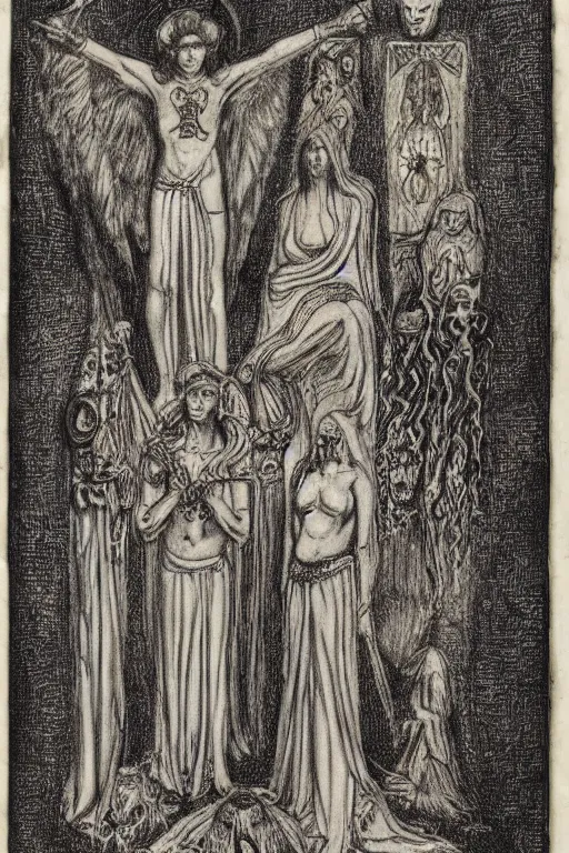 Image similar to realistic medieval etching of ceremonial magick, high detail, elaborate composition, quality draughtmanship, detailed faces. by austin osman spare, occult art, alchemical diagram