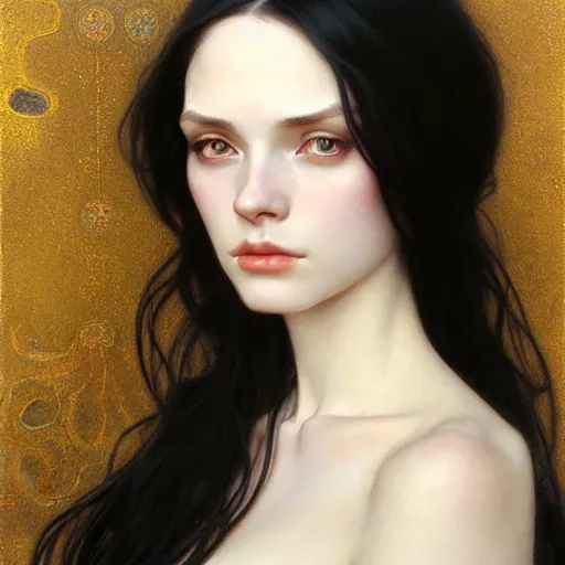 Image similar to Portrait of a beautiful, pale skin, Eastern European female with long black hair, dark eyes, elegant clothing, photorealistic, highly detailed, artstation, smooth, sharp focus, art by Klimt, artgerm, Greg Rutkowski and Alphonse Mucha