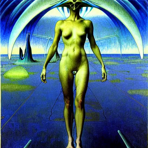 Image similar to realistic extremely detailed portrait painting of a ghost silhouette, futuristic sci-fi landscape on background by Jean Delville, Amano, Yves Tanguy, Alphonse Mucha, Ernst Haeckel, Edward Robert Hughes, Roger Dean, rich moody colours, blue eyes