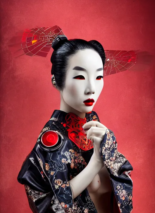 Image similar to portrait of a stylish futuristic geisha cyborg, with a red kimono with japanese golden signs written on it, kintsugi, modern fine art, fractal, intricate, elegant, highly detailed, digital photography, subsurface scattering, in the style of ghost, by jheronimus bosch and yue minjun and greg rutkowski,