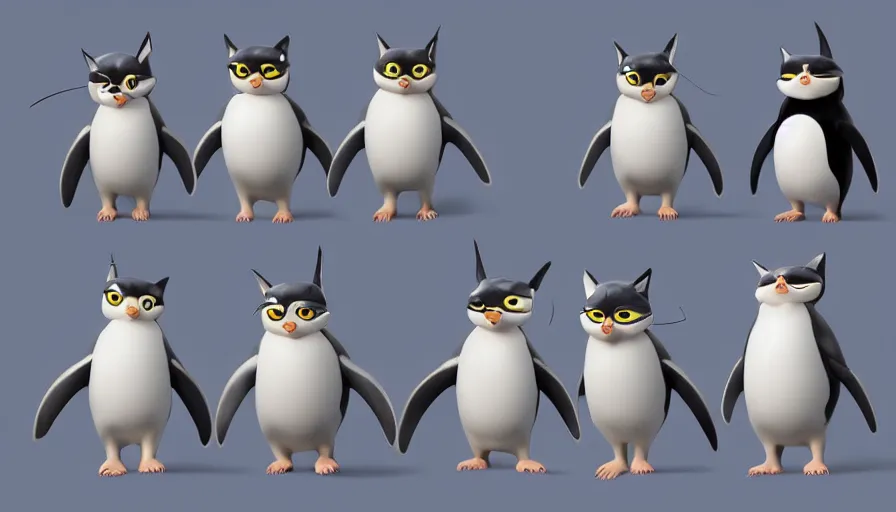 Prompt: very very very cute fantasy creatures based on penguins mixed with cats by Jama Jurabaev and Max Kostenko, disney, pixar, MPC, Framestore, character design for animation, video game character, concept design sheet, cute, adorable, uplight, a lineup of characters, big disney eyes, symmetrical eyes, cuteness, 3d render, octane rendered, highly detailed, cinematic lightning, rendered by maya and houdini, highly detailed, unreal engine, Trending on Artstation, octane render, 4k, 8k, HD