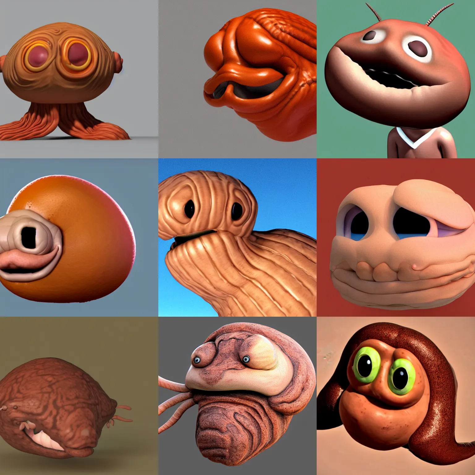 Prompt: a 9 0 s 3 d render of the head of a cartoony tan worm with a big open wrinkly mouth and big half - closed eyes and a flap of flesh on the top of its head, flat faced, big forehead