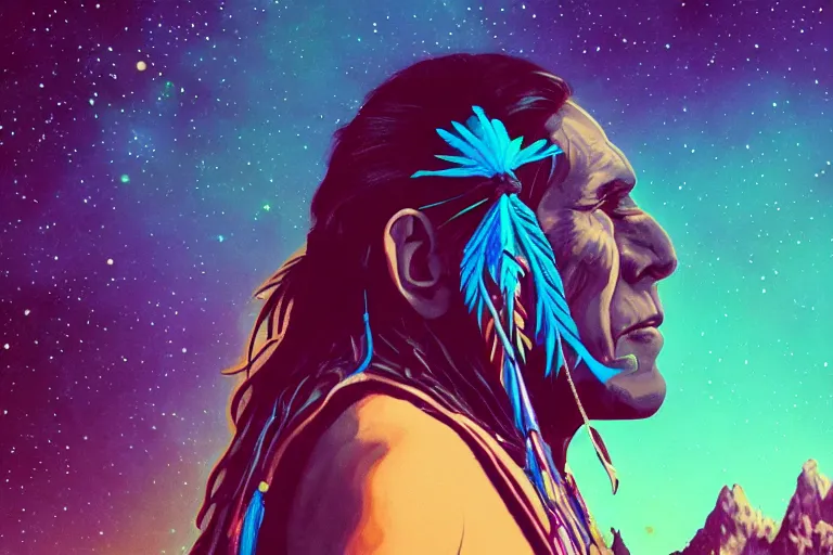 Image similar to photograph of a spiritual native american man looking up at the stars, art, universe, blender, pastel colors, synthwave, retro, cyberpunk,