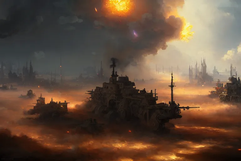 Image similar to baroque oil painting of anime key visual environment concept art of anime rail canon artillery firing at enemy lines, smoke debris, grimdark steampunk fantasy, battlefield, trending on artstation, brush strokes, oil on canvas, style of makoto shinkai and greg rutkowski and studio ghibli