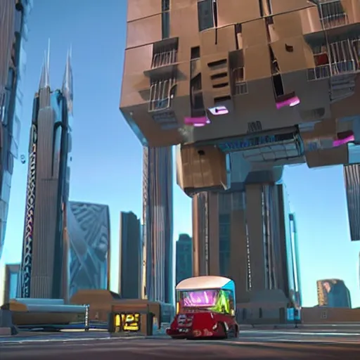 Prompt: a promotional movie still of a futuristic flying food truck is hovering high next to a tall building. candy is displayed with dramatic product lighting, the candy is pearlescent. a scene from fifth element ( 1 9 9 7 ), unreal engine 5, octane 3 d, render, imax 7 0 mm