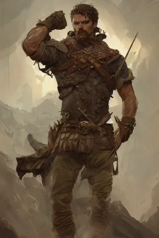 Image similar to portrait of a rugged ranger, muscular, upper body, blood, D&D, fantasy, intricate, elegant, highly detailed, digital painting, artstation, concept art, smooth, sharp focus, illustration, art by artgerm and greg rutkowski and alphonse mucha