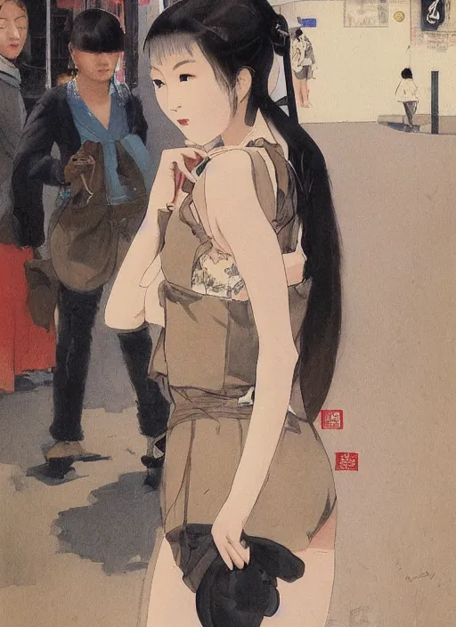 Image similar to painting of a young japanese woman standing in harajuku street, confident pose, intricate, elegant, sharp focus, illustration, highly detailed, concept art, art by frank frazetta