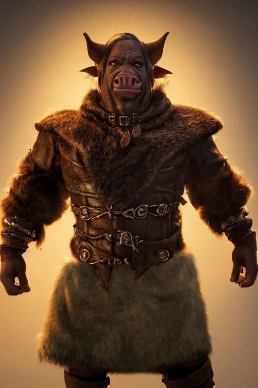 Prompt: A full body shot of a handsome orc-((pig)) looking into the camera wearing a leather fur jacket and boots, full body shot, detailed face, portrait, artstation, realistic, highly detailed, symmetrical, D&D, Dungeons & Dragons, hyper realistic, dynamic pose, high detail, octane render, unreal engine, 8k, fantasy art, highly detailed, concept art