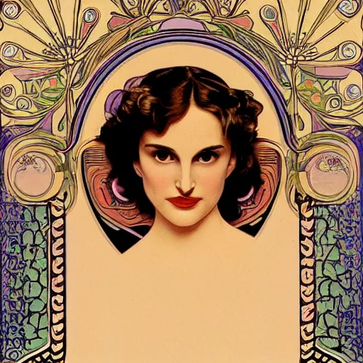 Image similar to a stylized closeup portrait of a young natalie portman, hair in arabesque forms, art nouveau, jugendstil, decorative background, painted by alphonse mucha