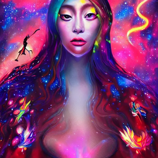 Image similar to lady gaga, korean mythology, galaxies and nebula flowing out of his body, artgerm, psychedelic floral planets, studio ghibli painterly style, trending on artstation