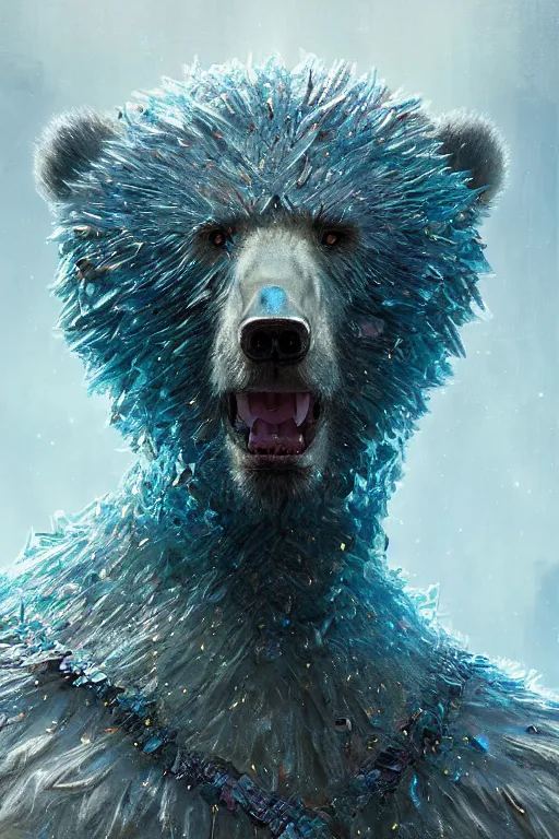 Prompt: a portrait of a crystalized bear god by Greg Rutkowski, Sung Choi, Mitchell Mohrhauser, Maciej Kuciara, Johnson Ting, Maxim Verehin, Peter Konig, final fantasy , mythical, 8k photorealistic, cinematic lighting, HD, high details, atmospheric,