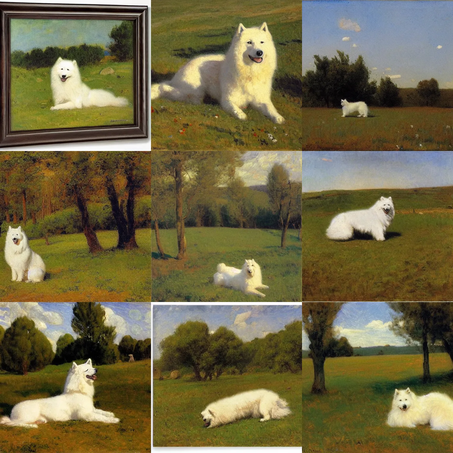 Prompt: a samoyed dog sitting in the middle of sunny meadow, by henry ossawa tanner