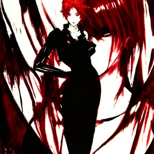 Prompt: “ red haired vampire woman in a black dress by yoji shinkawa ”