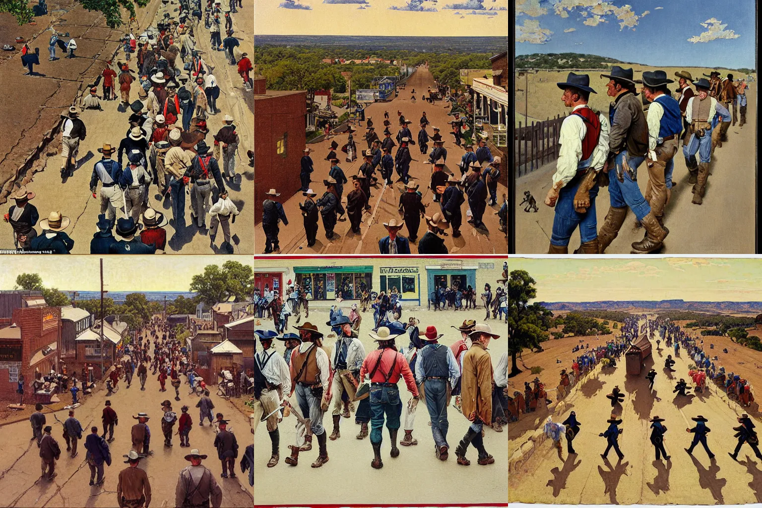 Prompt: painting of large group of texas rangers, wearing chaps revealing buttocks, in triangular formation, walking away from viewer down street of western town, view from slightly above, by norman rockwell