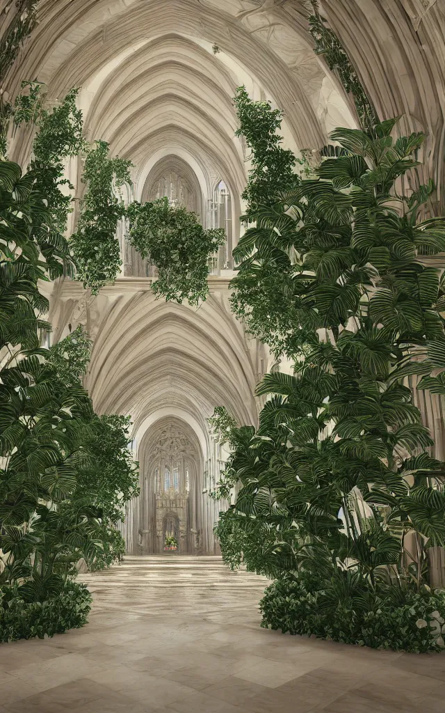 Image similar to beautiful grand cathedral interior with!! koi pond!! in the! middle! surrounded by palm trees, ivy,!! flowers!!, ( tropical plants ),!! roses!!, and with archways, rendered in octane render with photorealistic volumetric cinematic lighting, wide angle, horizontal symmetry, symmetrical! 8 k