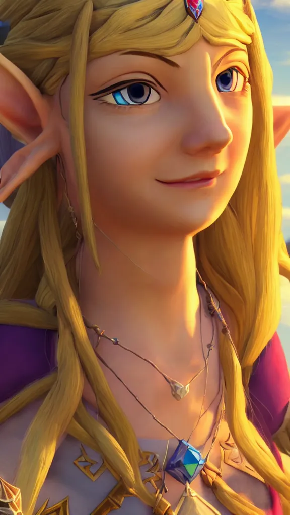 Image similar to Skyward Sword Zelda, Artstation HQ, photorealistic, hiperrealistic, sharp focus, 4k UHD, Unreal Engine 5, close up, studio lightning, brught tones, high contrast, intricate, masterpiece, sharp focus, cellshaded