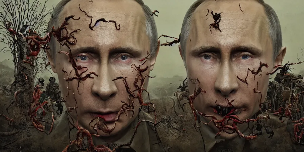 Prompt: highly detailed surreal vfx portrait of vladimir putin's face is eaten by worms, in the background an army of zombies with their mouths sewn shut with wire in the shape of the letter z, style of makoto shinkai studio ghibli genshin impact jamie wyeth james gilleard greg rutkowski, photorealistic, hyperdetailed