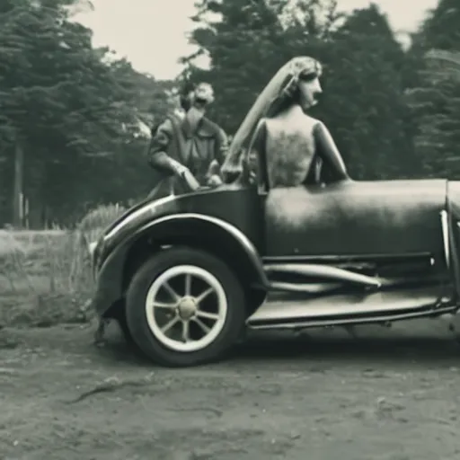 Prompt: a still of the maiden a car.