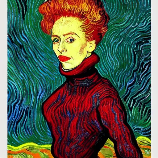 Prompt: a portrait of katja schuurman in a turtle neck sweater, artistic, colourful, vibrant, art, high fashion, painted by vincent van gogh