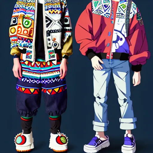 Image similar to majora majora's mask wearing oversized mayan bomber jacket with overalls, bulky poofy bomber jacket with mayan patterns, aztec street fashion, genshin impact art style, gapmoe yandere grimdark, trending on pixiv fanbox, painted by greg rutkowski makoto shinkai takashi takeuchi studio ghibli, akihiko yoshida