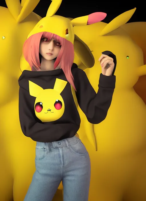 Image similar to vrchat, secondlife, imvu, 3 d model of a girl in a pikachu hoodie, hq render, detailed textures, artstationhd, booth. pm, highly detailed attributes and atmosphere, dim volumetric cinematic lighting, hd, unity unreal engine