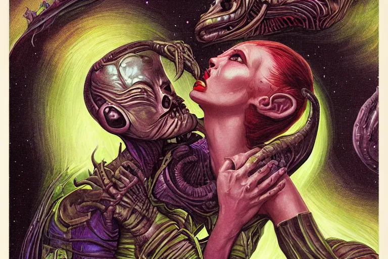 Prompt: an alien woman kisses a man by gerald brom, sci - fi, color vibe, reimagined by industrial light and magic