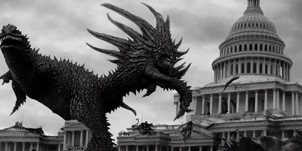 Image similar to Kaiju Trump attack Capitol, film still