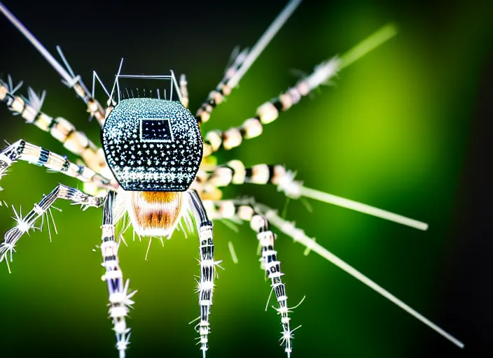 Image similar to macro portrait of a crystal spider in the forest. Fantasy magic style. Highly detailed 8k. Intricate. Nikon d850 300mm. Award winning photography.