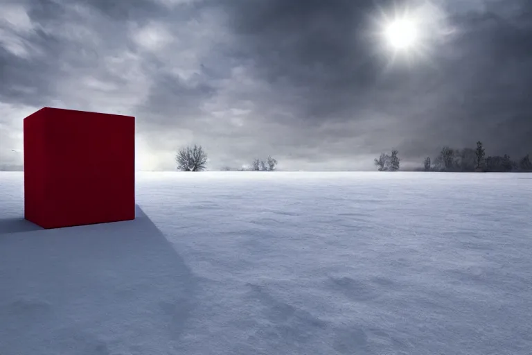 Image similar to a large red cube of light sitting in the middle of a snow covered field, a matte painting by pascal blanche, featured on behance, new sculpture, matte painting, apocalypse art, apocalypse landscape